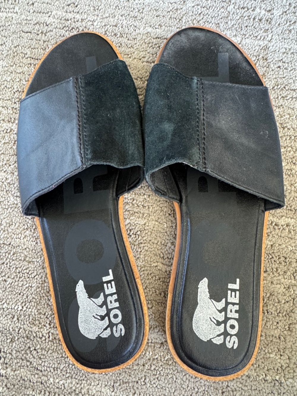Sorel Black Suede Slide Sandals with Brown Trim